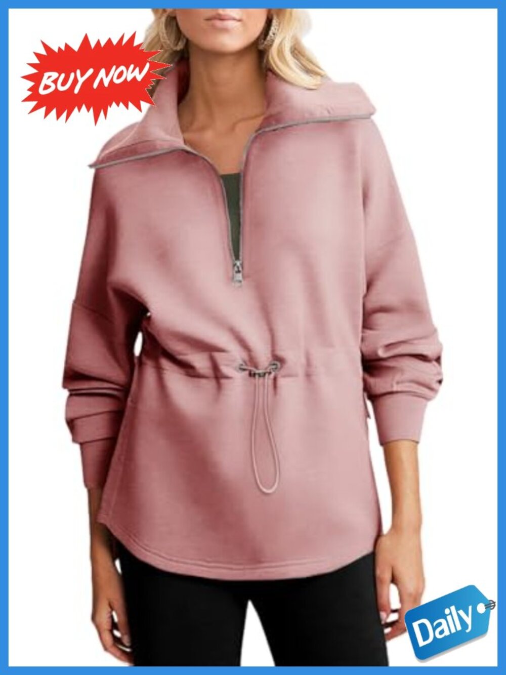 Womens Oversized Half Zip Sweatshirt Drawstring Waist Long Sleeve Pullover